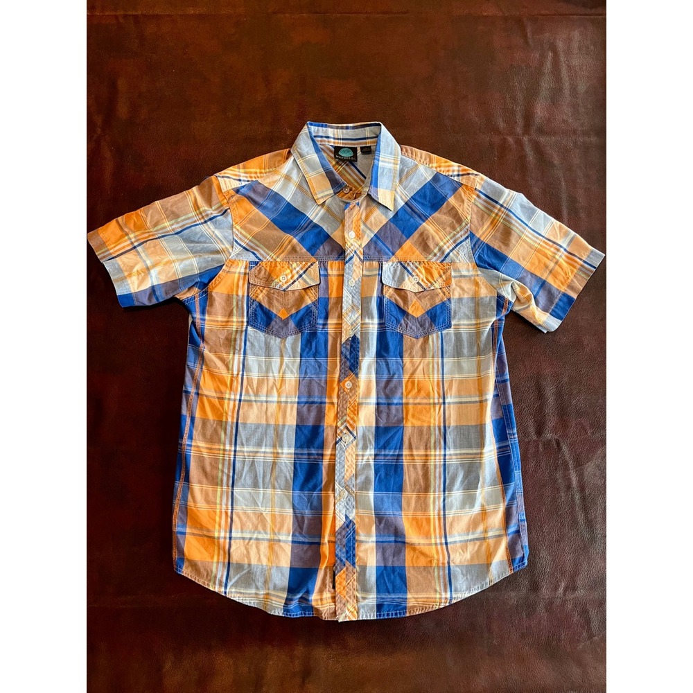 Burnside Mens Blue Orange Plaid Short Sleeve Button Down Shirt Large Dual Pocket